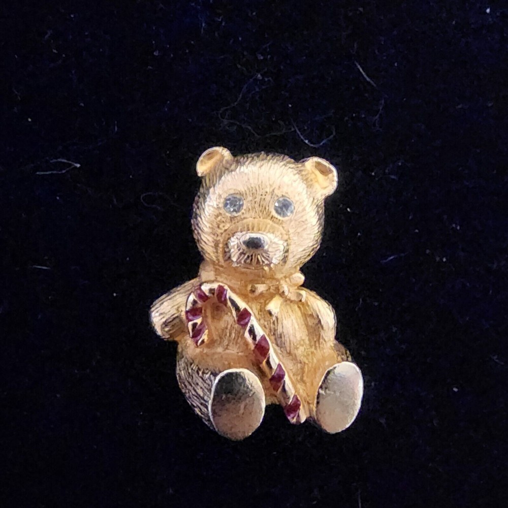 Vintage Signed Ooops-A-Daisy Teddy Bear Red Candy Cane Brooch Clear Crystal Eyes